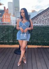 Denim Washed Blue Diamond Halter Mini Dress OD-8745