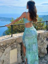 Mesh Print Sleevelsss Vest Split Skirts 2 Piece Set SHD-9624