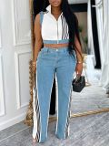 Sleeveless Patchwork Stripe Denim 2 Piece Pants Set AIL-322