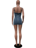 Denim Washed Blue Diamond Halter Mini Dress OD-8745