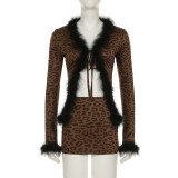 Leopard Print Long Sleeve Long Sleeve Two Piece Skirts Set GPKJ-KJ25777