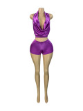 Solid Color V Neck Backless Two Piece Shorts Set CH-25035