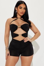 Metallic Circle Patchwork Hollow Out One Piece Outfits GPKJ-KJ16836