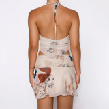Mesh Print Halterneck Tops Two Piece Skirts Set SHD-9772