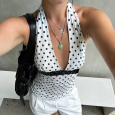 Polka Dot Print Lace Patchwork Tank Tops GPKJ-23786