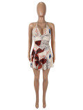 Mesh Print Halterneck Tops Two Piece Skirts Set SHD-9772