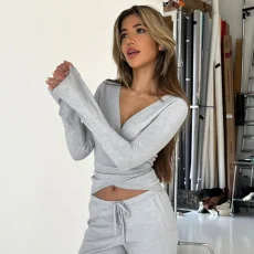 Long Sleeve Solid Color Two Piece Pants Set GPKJ-KJ22954