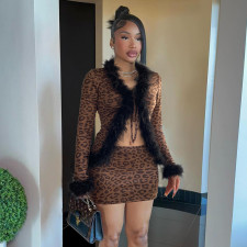 Leopard Print Long Sleeve Long Sleeve Two Piece Skirts Set GPKJ-KJ25777