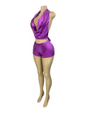 Solid Color V Neck Backless Two Piece Shorts Set CH-25035