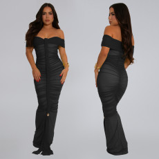 Mesh Pleated Off Shoulder Maxi Dress BY-7406