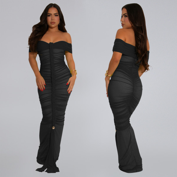 Mesh Pleated Off Shoulder Maxi Dress BY-7406
