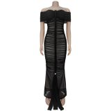 Mesh Pleated Off Shoulder Maxi Dress BY-7406
