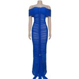 Mesh Pleated Off Shoulder Maxi Dress BY-7406