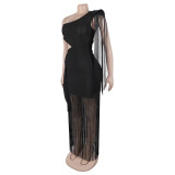 Single Shoulder Tassel Maxi Dress BY-7428