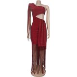 Single Shoulder Tassel Maxi Dress BY-7428