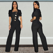 Big Button Short Sleeve Sport Wide Leg Jumpsuit BY-7378