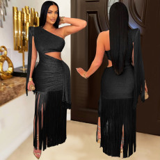 Single Shoulder Tassel Maxi Dress BY-7428