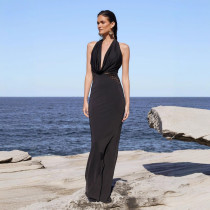 Halterneck Solid Color Backless Maxi Dress GAXB-D104DS