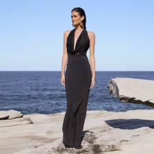 Halterneck Solid Color Backless Maxi Dress GAXB-D104DS