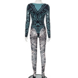 Print Long Sleeve Bodysuit Pants 2 Piece Set GDSF-J25ST152