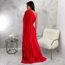 Single Shoulder Press Pleated Maxi Dress YF-20020