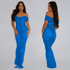 Mesh Pleated Off Shoulder Maxi Dress BY-7406