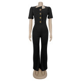 Big Button Short Sleeve Sport Wide Leg Jumpsuit BY-7378