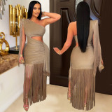 Single Shoulder Tassel Maxi Dress BY-7428
