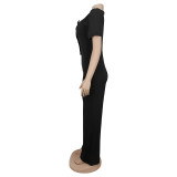 Big Button Short Sleeve Sport Wide Leg Jumpsuit BY-7378