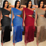 Single Shoulder Tassel Maxi Dress BY-7428