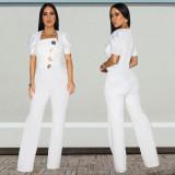 Big Button Short Sleeve Sport Wide Leg Jumpsuit BY-7378