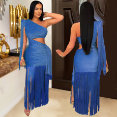 Single Shoulder Tassel Maxi Dress BY-7428