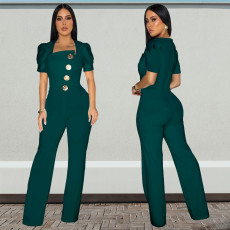 Big Button Short Sleeve Sport Wide Leg Jumpsuit BY-7378