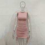 Solid Color Drawstring Sleeveless Mini Dress JHYB-9070
