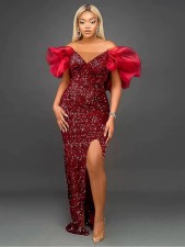 Sequin Ruffles V Neck Split Maxi Dress GMYU-2665