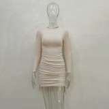 Solid Color Long Sleeve Drawstring Mini Dress JHYB-9077