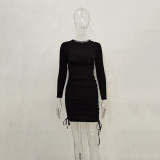 Solid Color Long Sleeve Drawstring Mini Dress JHYB-9077