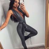 Tie Up Sexy Deep V Neck Jumpsuit JHYB-9018