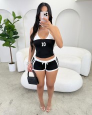 Contrast Color Print Halterneck Two Piece Shorts Set GPKJ-KJ33720