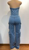 Fashion Denim Wrap Chest Slim Jumpsuit GMYU-9825