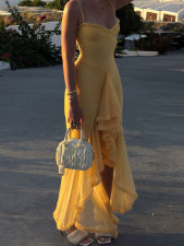 Mesh Irregular Sling Pleated Maxi Dress GMYU-8965