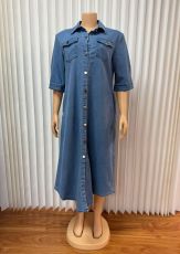 Loose Single Breasted Short Sleeve Denim Midi Dress GMYU-6511