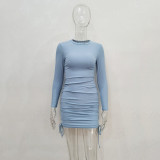 Solid Color Long Sleeve Drawstring Mini Dress JHYB-9077