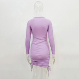 Solid Color Long Sleeve Drawstring Mini Dress JHYB-9077