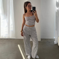Stripe Sling Tops Loose Two Piece Pants Set GLRF-WFS39528