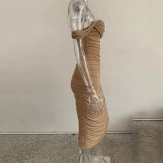 Mesh Pleated One Shoulder Midi Dress JHYB-9034