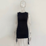 Solid Color Drawstring Sleeveless Mini Dress JHYB-9070