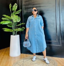 Loose Single Breasted Short Sleeve Denim Midi Dress GMYU-6511