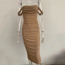 Mesh Pleated One Shoulder Midi Dress JHYB-9034