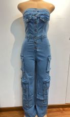 Fashion Denim Wrap Chest Slim Jumpsuit GMYU-9825